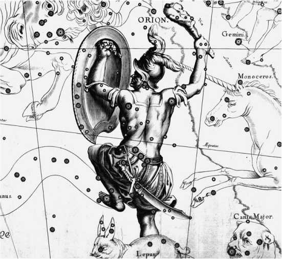 Мисливець-велетень Оріон, з атласу Яна Гевелія "Уранографія" (Гданськ, 1690)