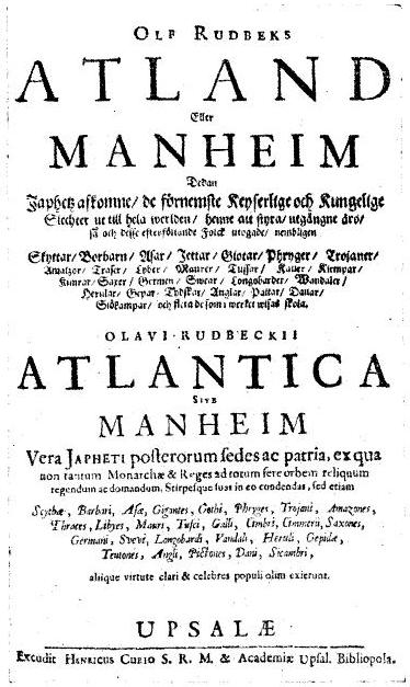 Титульна сторінка Atland eller Manheim, Atlantica sive Manheim, vera Japheti posterorum sedes et patria