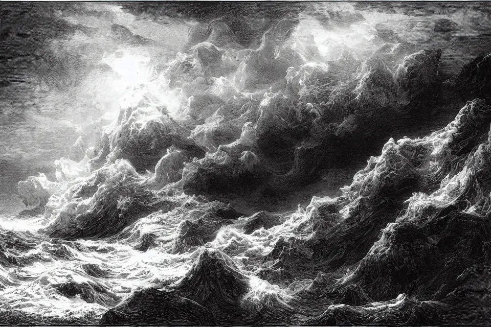 the deluge, an engraving of a stormy sea beating | Stable Diffusion |  OpenArt