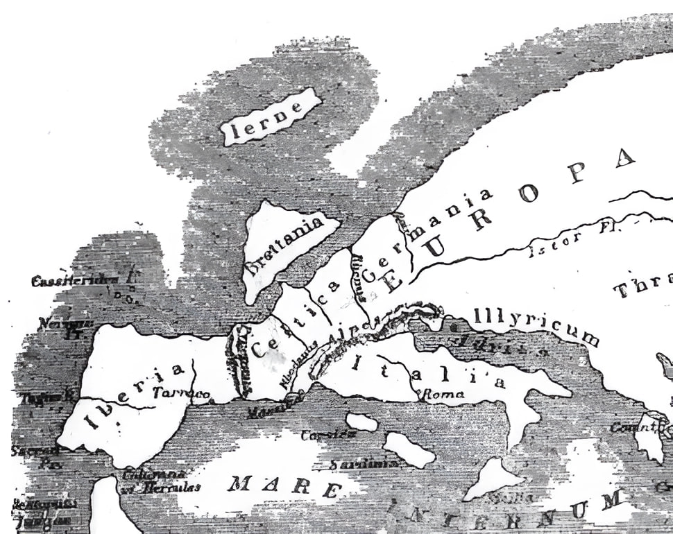 Карта Європи, заснована на географії Страбона, показує Касітеридів біля північно-західного краю Іберії