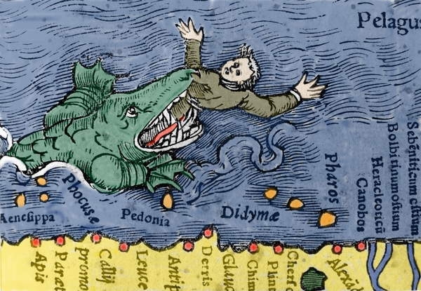 Sea Monster eating a human, illustration from 'Historiae Animalium' by  Conrad Gesner