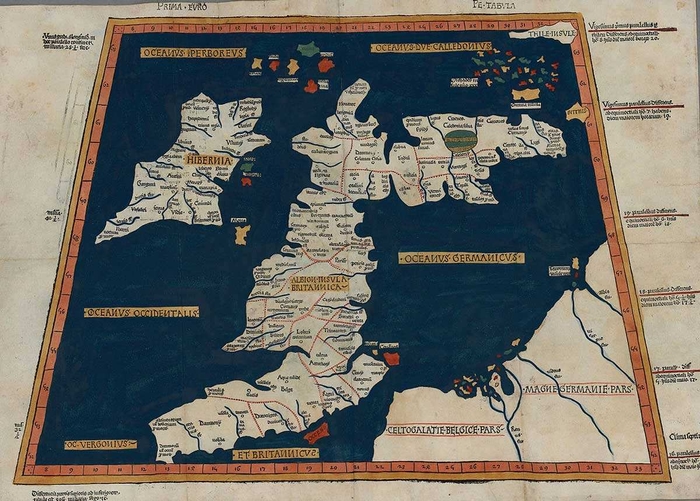 Одна з найдавніших збережених копій карти Британських островів Птолемея 2-го століття з Туле у верхньому правому куті, 1486 рік