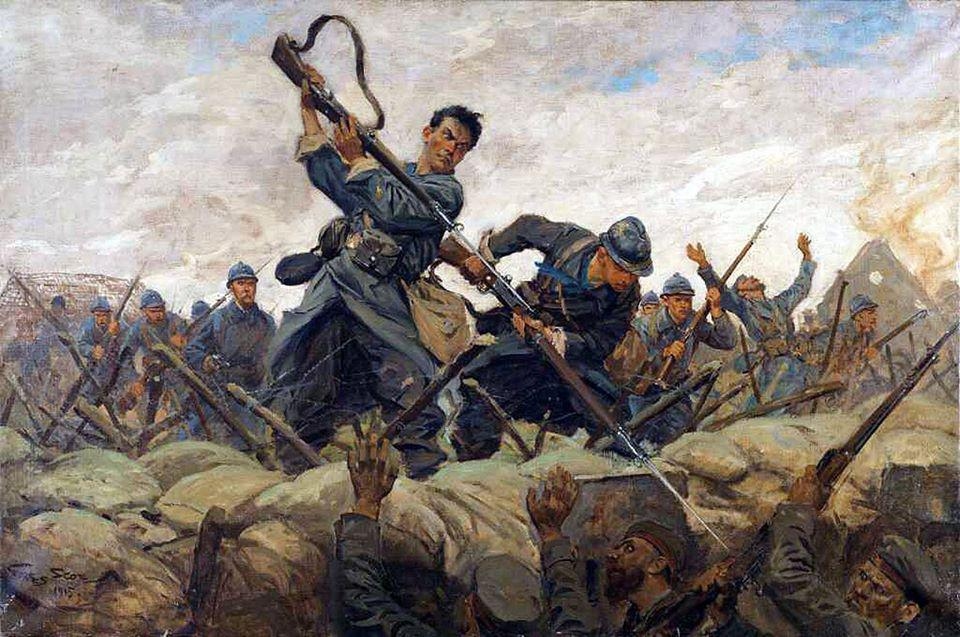 Attaque � la ba�onnette" (Bayonet Attack), painting by Georges Scott in  1915. [960x637] : r/BattlePaintings