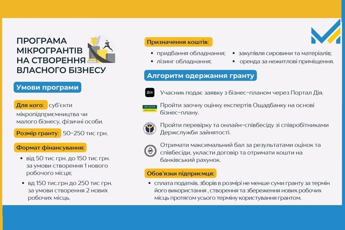 Українці можуть отримати до 250 тисяч грн від держави для започаткування власної  справи