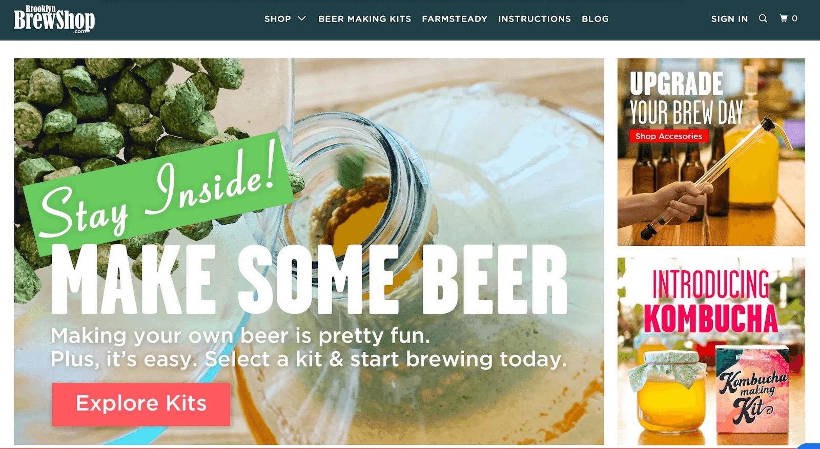 Brooklyn Brew Shop’s homepage with beer kits and new products for hobbyists.
