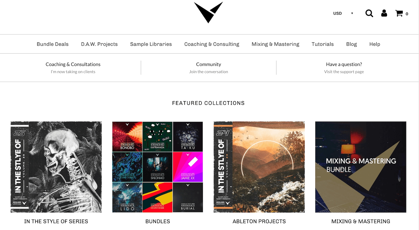 Homepage of Samples by Vanity showing featured collections of work.