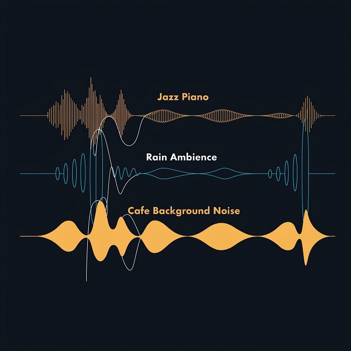 Sound layering guide for Paris cafe ambience videos showing music rain and background noise