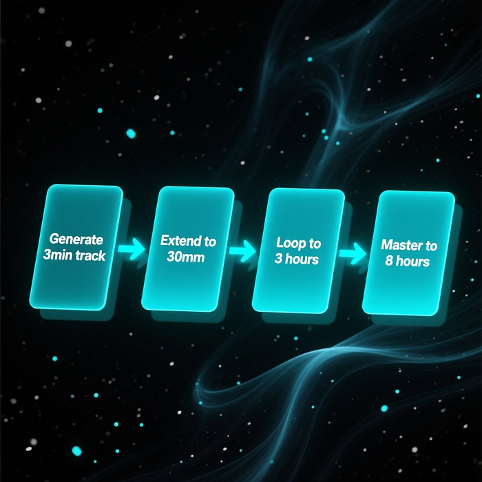 Step by step workflow for extending Paris cafe ambience tracks to 8 hours using Suno AI