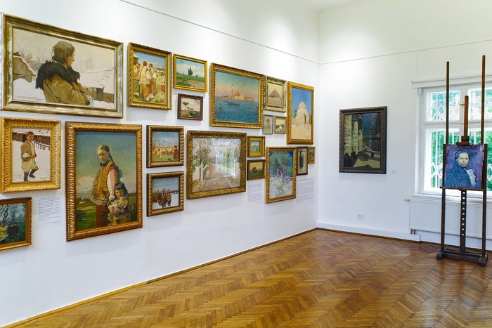 A collection of Ivan Trush’s artworks in his workshop on the upper floor. The paintings in the foreground show traditional Gutsul lore (the west of Ukraine).