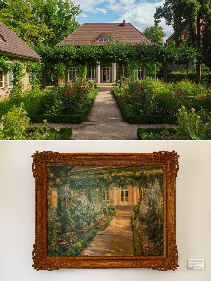 The front facade of the villa vs. the painting “View Towards the Entrance of the Country House” (1930).