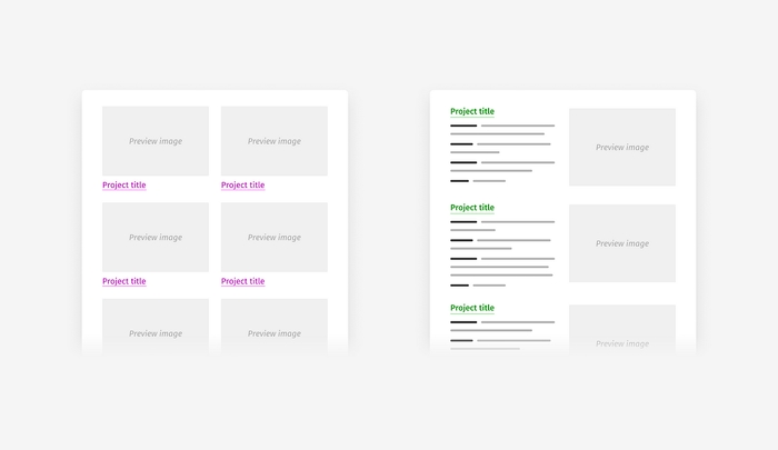 Minimalist “picture + title” vs. informative project cards.