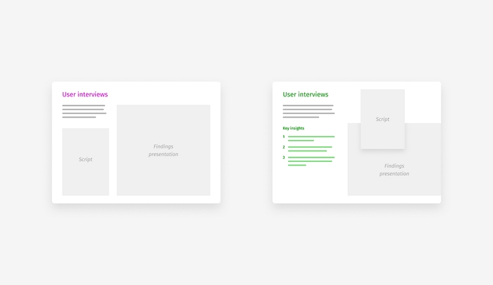 Interview script and report screenshots vs. the key UX insights next to the screenshots.