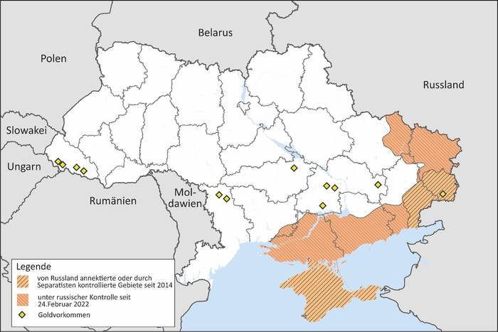 Рисунок 11: Поклади золота в Україні Джерело: Ukrainvest;  Території під контролем Росії відображають стан літа 2022 року.
