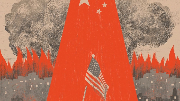 Ілюстрація прапорів Китаю та США перед містом, що горить