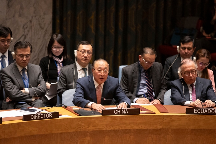 Zhang Jun, China’s permanent representative to the United Nations, addresses the UN Security Council in New York on October 16, 2023. The UN Security Council on Monday failed to adopt a Russian-drafted resolution that calls for a humanitarian ceasefire in Gaza. Photo: Xinhua