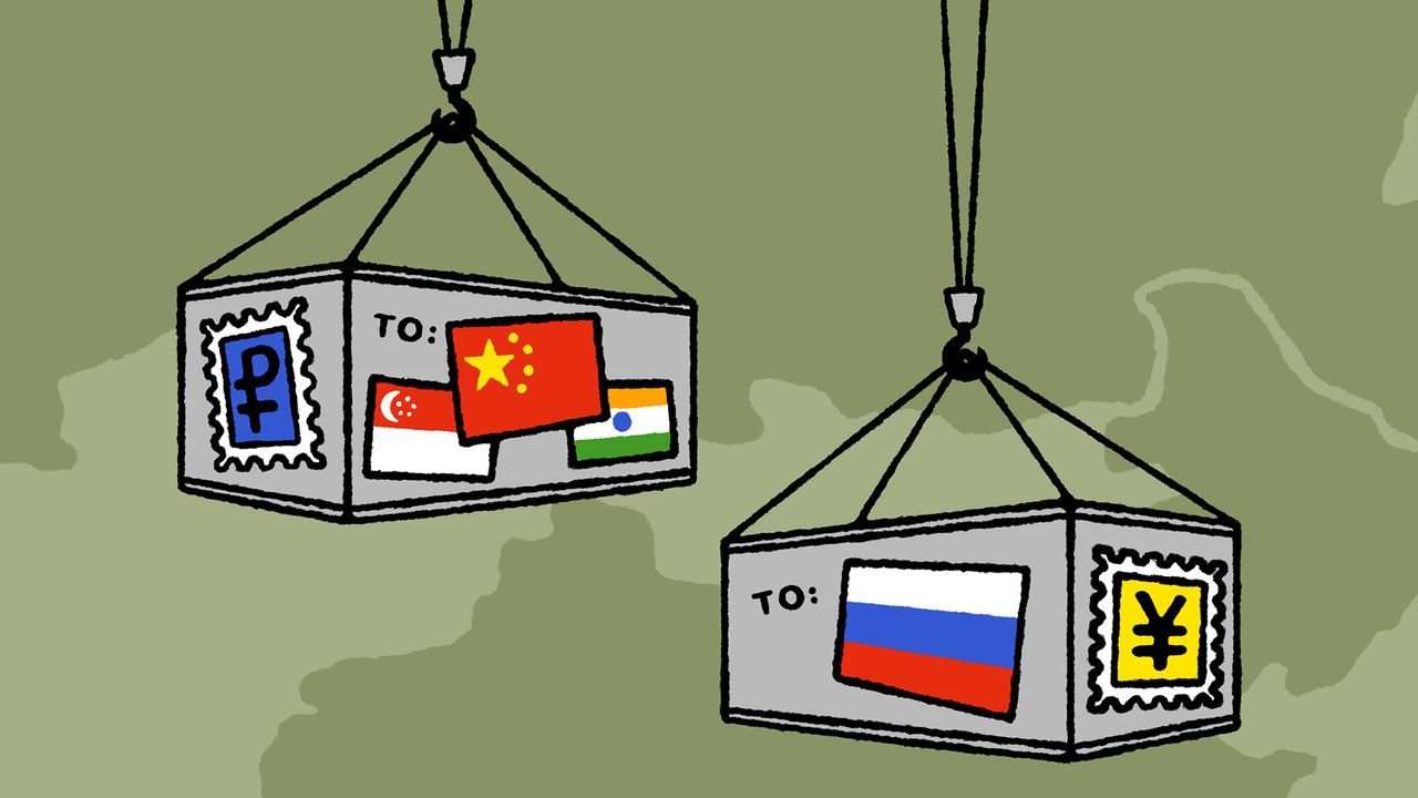 A drawing of two large shipping containers being sent to Russia, China, Singapore, and India.