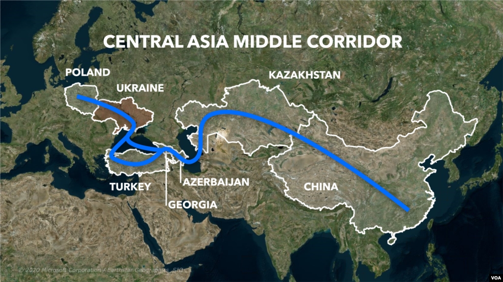 На карті показаний так званий "середній коридор" - транспортна артерія, яка зв'яже країни Азії з європейськими ринками через країни Центральної Азії, через Каспійське море та Кавказ.