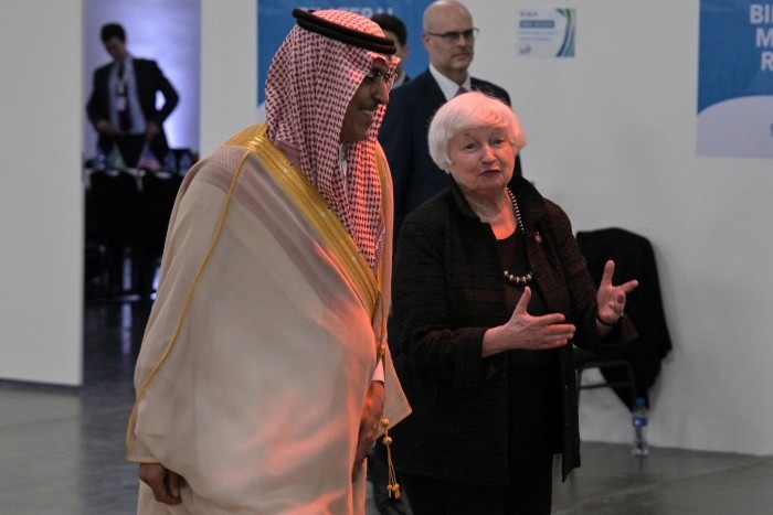 Mohammed al-Jadaan, the Saudi finance minister, with US Treasury secretary Janet Yellen in São Paulo in February