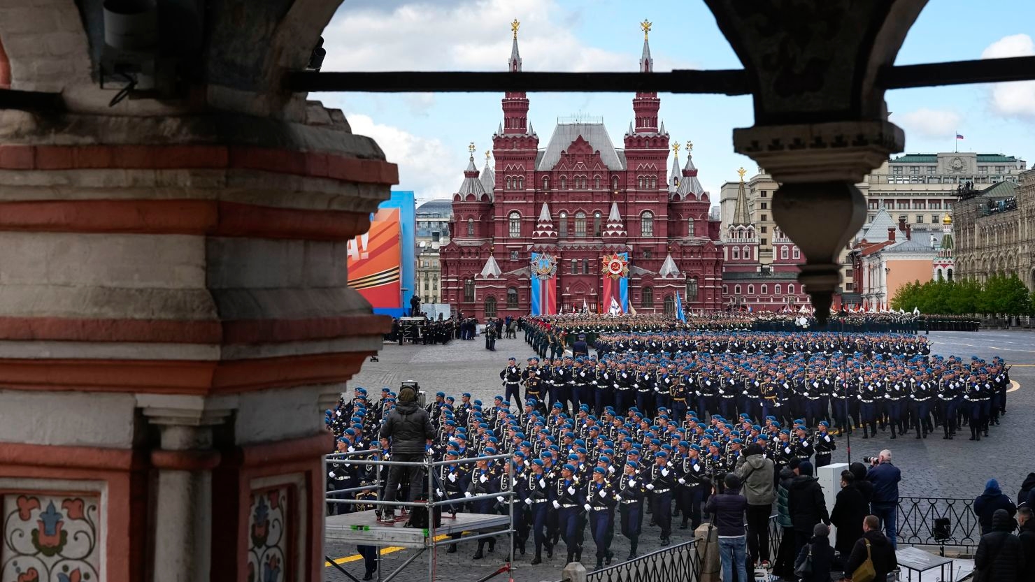 Russian soldiers march during the Victory Day military parade dress rehearsal at Red Square in Moscow, on May 5. The parade will take place on May 9, marking the 79th anniversary of victory in the Second World War.