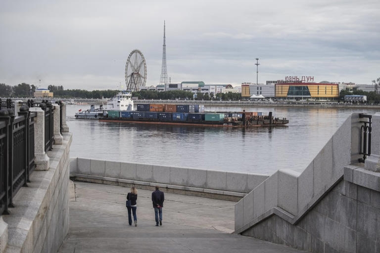 A Chinese vessel with containers on the Amur River.