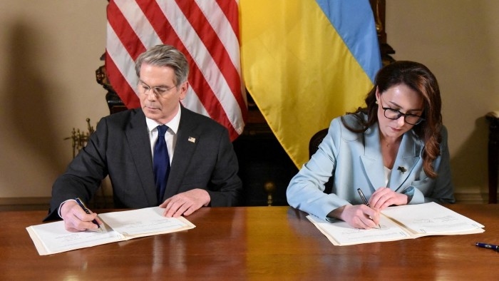 US Treasury secretary Scott Bessent and Ukrainian First Deputy Prime Minister Yulia Svyrydenko sign a deal
