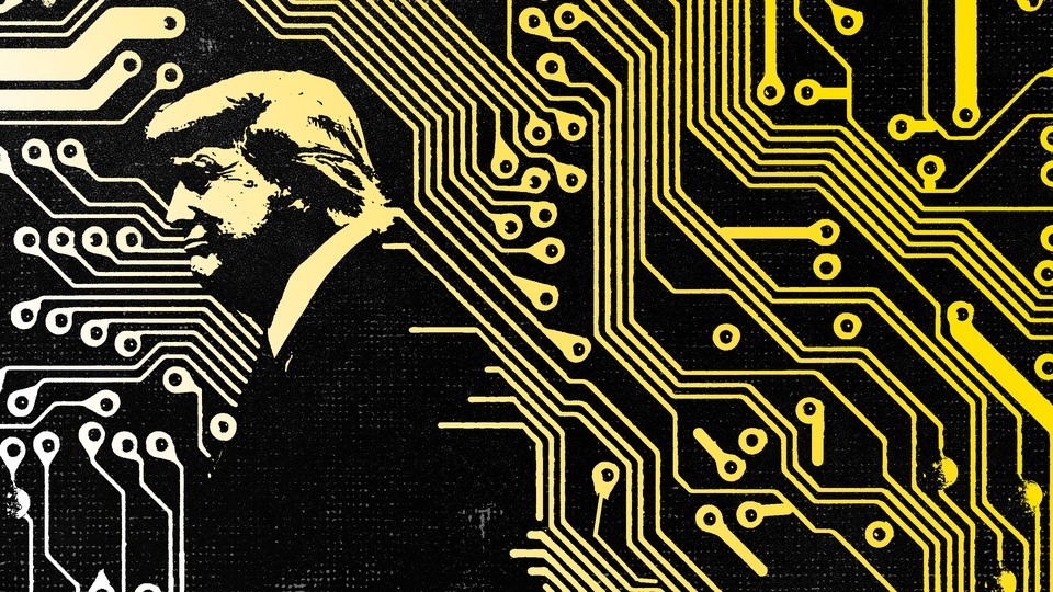An illustration of Donald Trump with microchip wires in the background.
