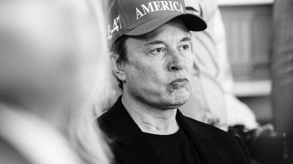 Black-and-white photo of Elon Musk in a campaign cap