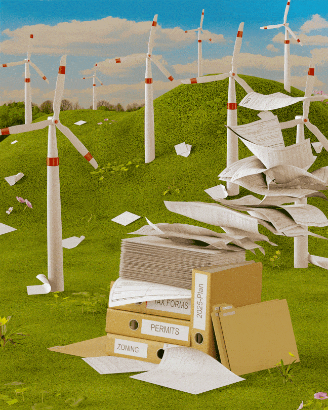 Illustration of paperwork being blown away in a wind farm