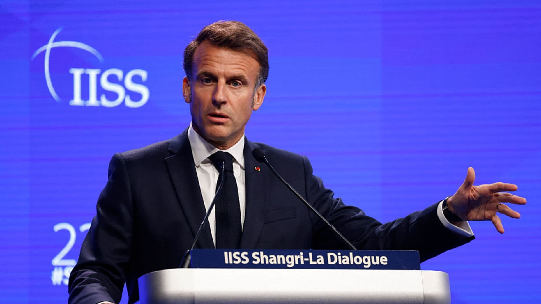 France's President Emmanuel Macron gives the keynote address at the Shangri-La Dialogue Summit in Singapore on May 30, 2025. (Photo by Ludovic MARIN / AFP) (Photo by LUDOVIC MARIN/AFP via Getty Images)