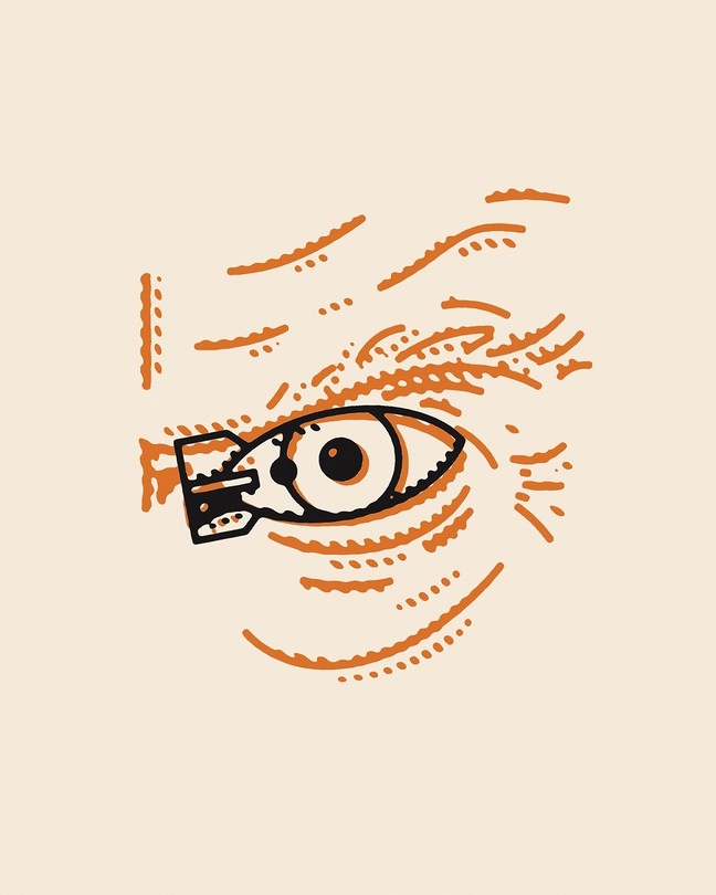 an illustration of a nuclear weapon superimposed over an eye resembling Donald Trump's