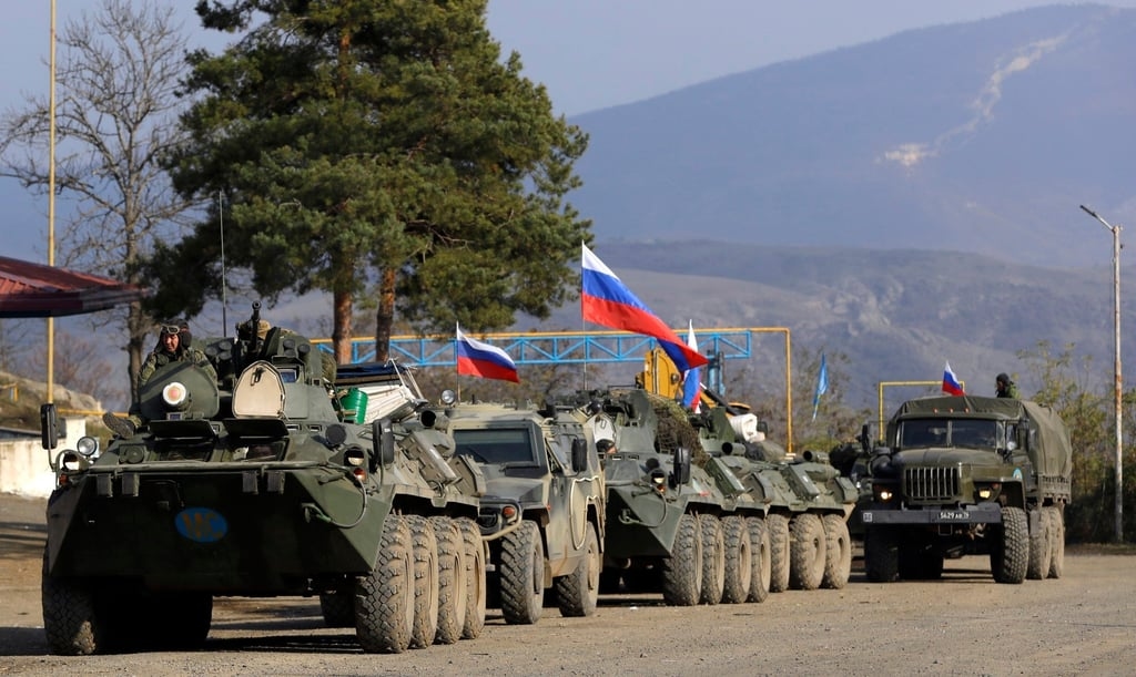 Russian peacekeepers gather at a checkpoint in the Karabakh region in 2020. Photo: AP