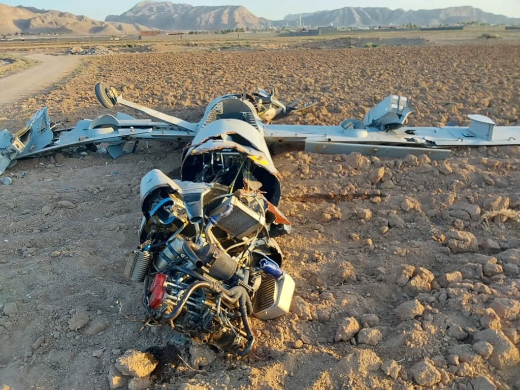 A damaged drone, reportedly Israeli, is seen in Isfahan, Iran in June. Tehran has accused Azerbaijan of allowing Israel to use its airspace for drone overflight. Photo: West Asia News Agency/Reuters