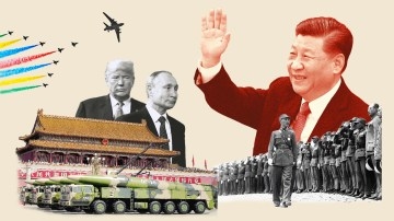 Illustration of Xi Jinping waving, with Trump and Putin in the background, military vehicles, and soldiers.