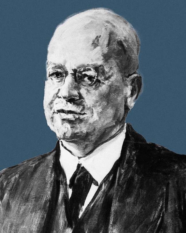 A black and white drawing of Hans Luther against a muted blue background