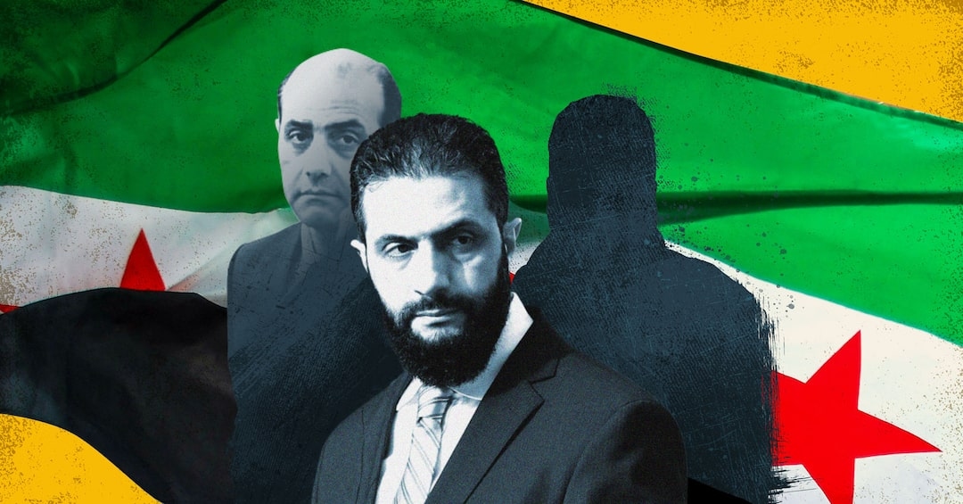 Syria’s new president, Ahmed al-Sharaa (center), is trying to rebuild the country’s ravaged economy. To lead the effort, he has tapped his older brother, Hazem (left), who is quietly overseeing deals to take control of major companies. REUTERS/Photo illustration/Catherine Tai. Source photos: Saudi Press Agency and REUTERS/Stephanie Lecocq