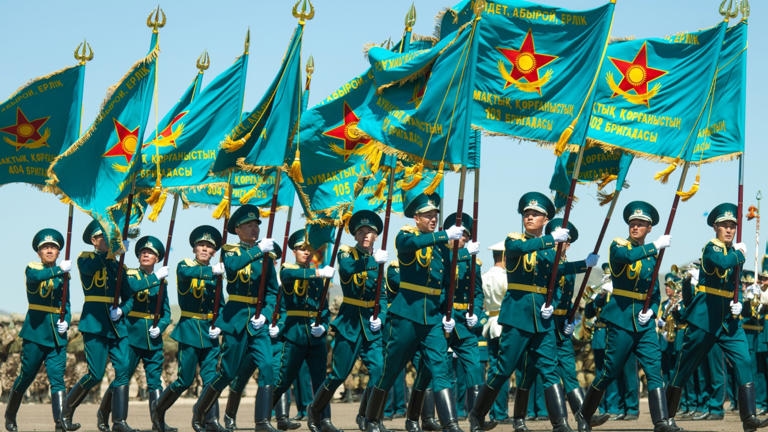 Otar village, Kazakhstan 07/05/2018: Soldiers of the Kazakhstan...ion of May 7 on parade.