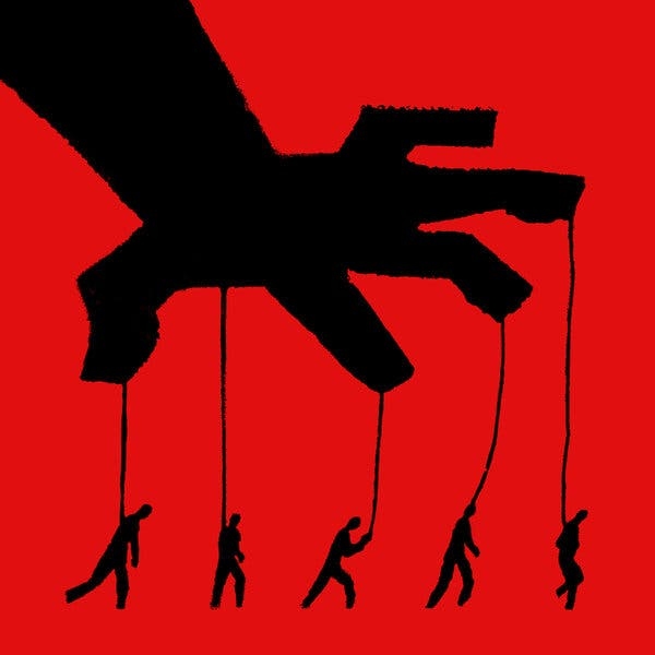An illustration shows a large dark hand, set against a red background, controlling small figures through string on the end of each finger.