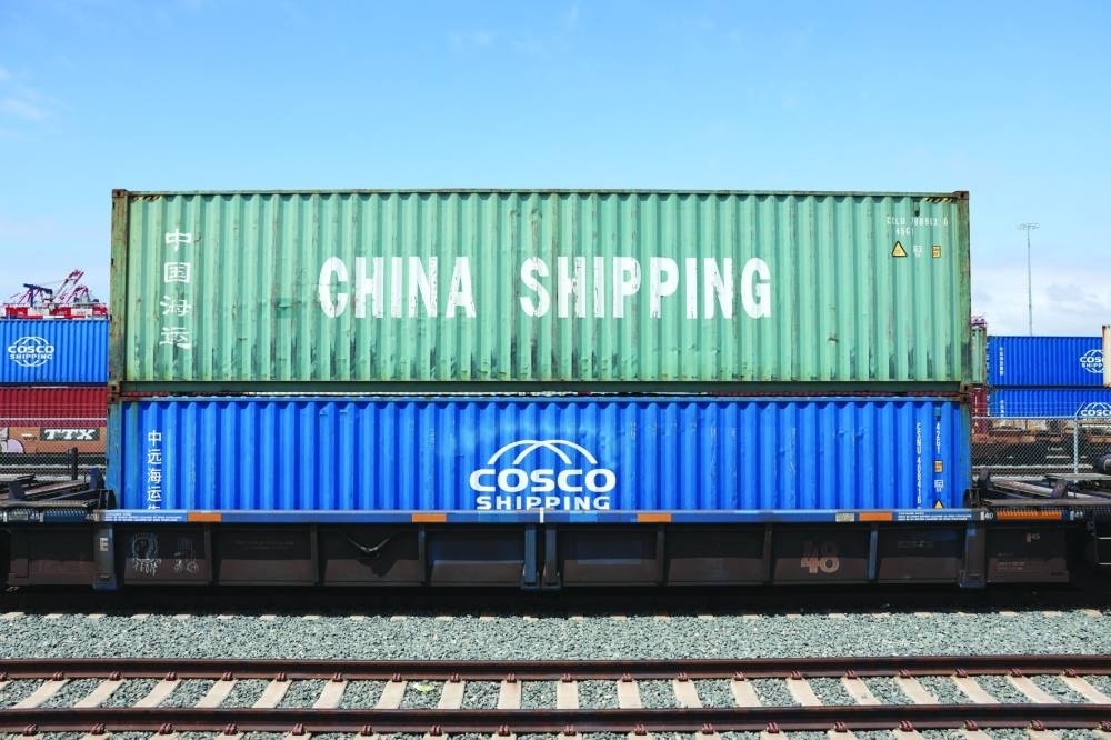 Chinese shipping containers sit on rail road tracks at the Port of one Beach, California, US, on May 5, 2025. (Reuters)