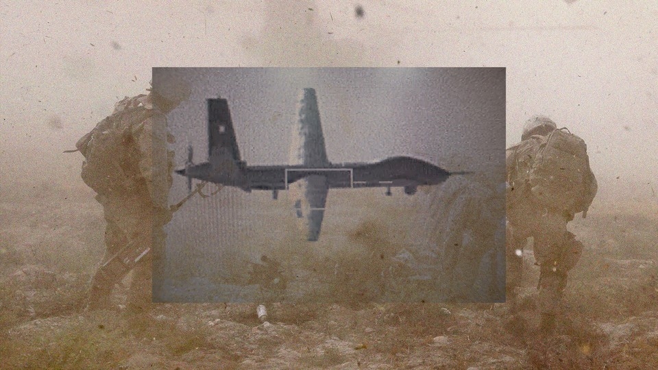 photo illustration of a Chinese aircraft superimposed over soldiers on a battlefield