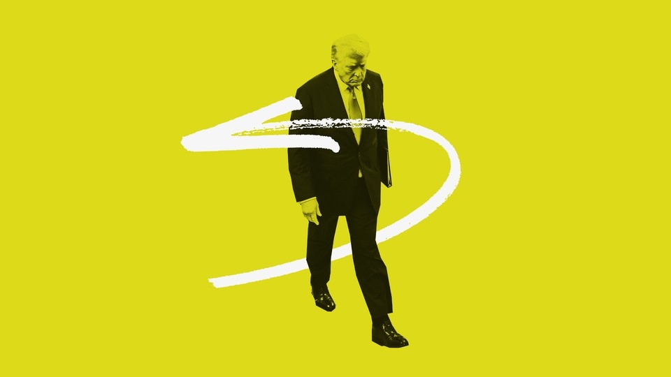An image of Donald Trump on a yellow background with a white rewind arrow drawn over it