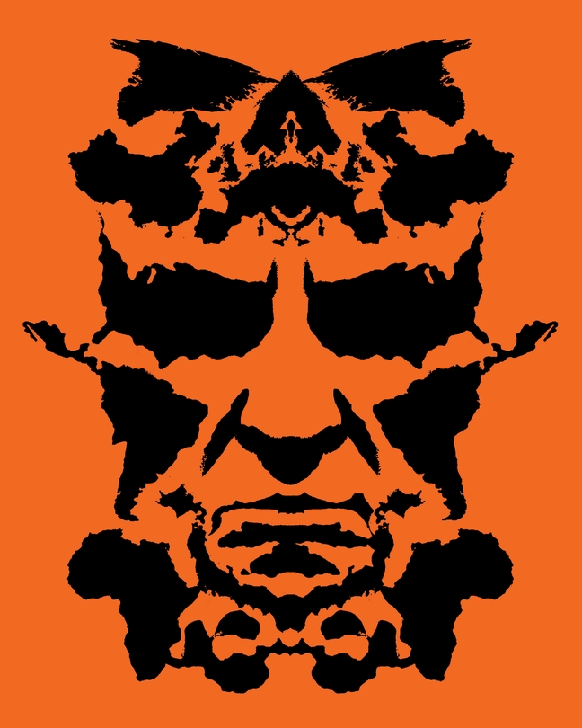 a black-ink Rorschach-test style illustration of Donald Trump's face made from the outlines of the continents, set on an orange background