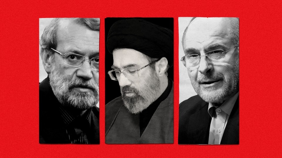 Illustration with black-and-white photographs of Mojtaba Khamenei, Ali Larijani, and Mohammad Baqer Qalibaf with a red backdrop