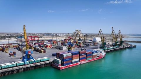 A cargo ship docked at Aktau port, Kazakhstan, on August 6, 2025. (Getty Images)