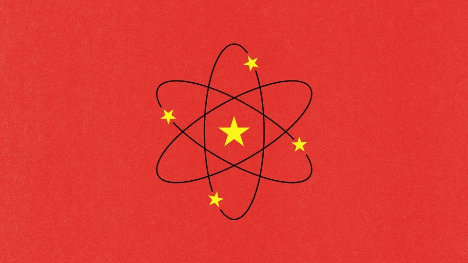 Illustration of the national flag of China, but with the yellow stars rearranged on an atomic symbol