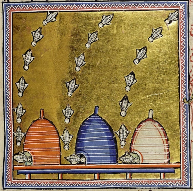 Gold-adorned illustration of bees flying into their hives