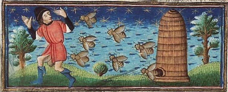 Medieval illustration of a man running from bees
