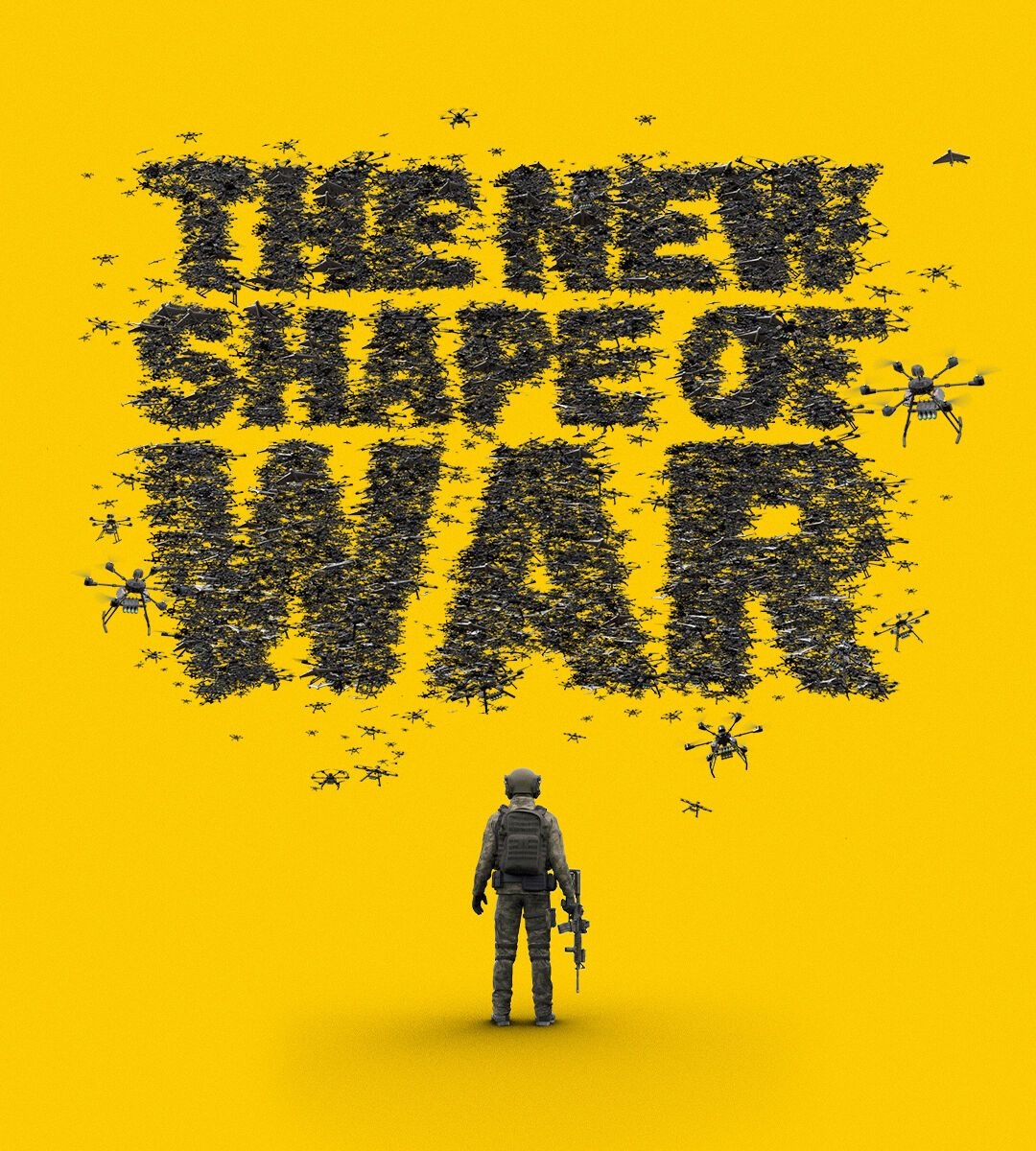 Drones gathered in a swarm to spell “The new shape of war” above a lone soldier