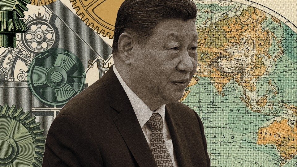 Black-and-white photograph of Xi Jinping set against a map of the world and a drawing of gears turning