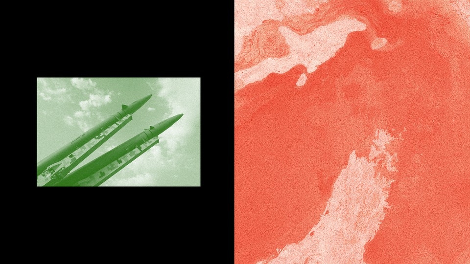Diptych of a green-saturated image of missiles pointing into the sky (left) and a red satellite image of the Strait of Hormuz (right).