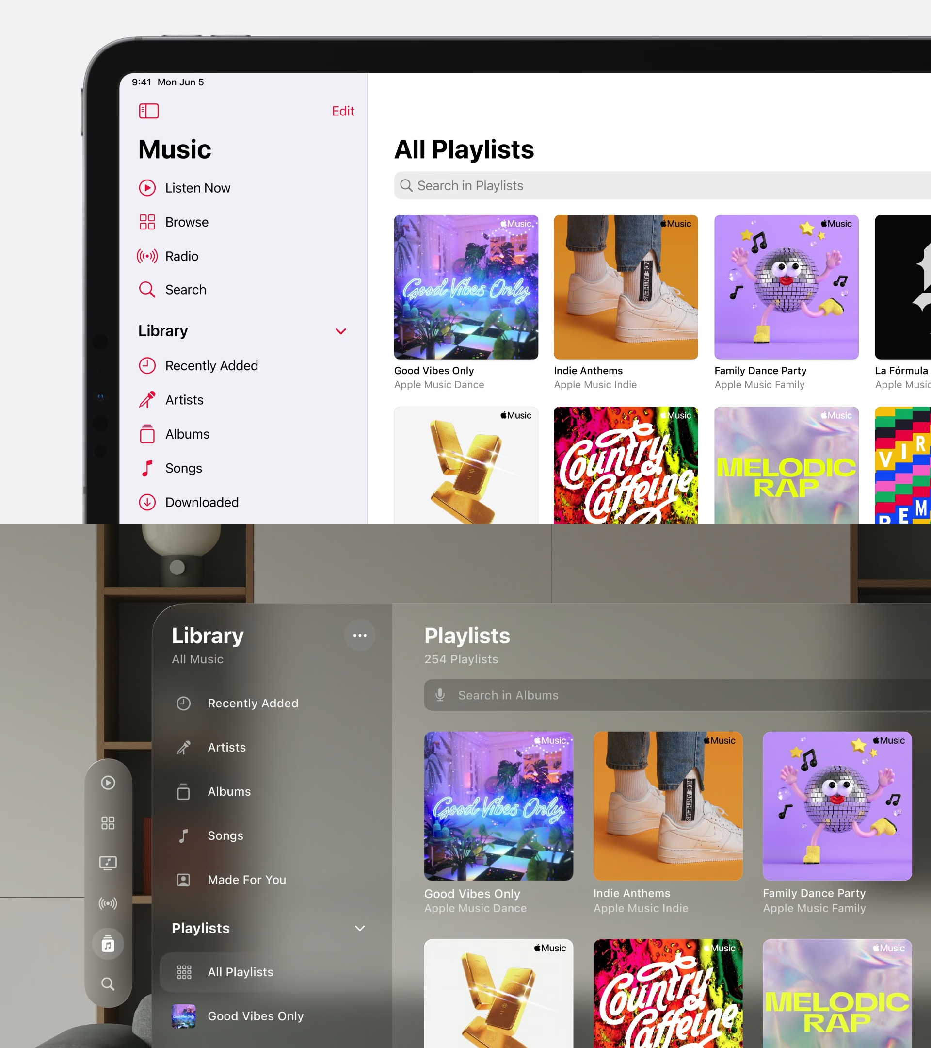 Приклад застосунку Apple Music на iPadOS та VisionOS